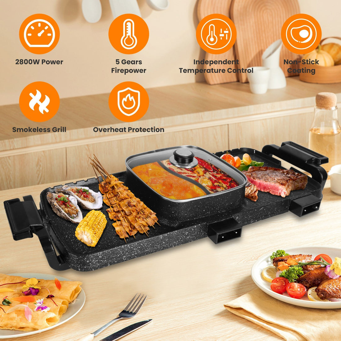 2-in-1 Electric Hot Pot with Smokeless Korean BBQ Grill – 2800W Non-Stick Shabu Shabu Combo with Independent Temperature Control