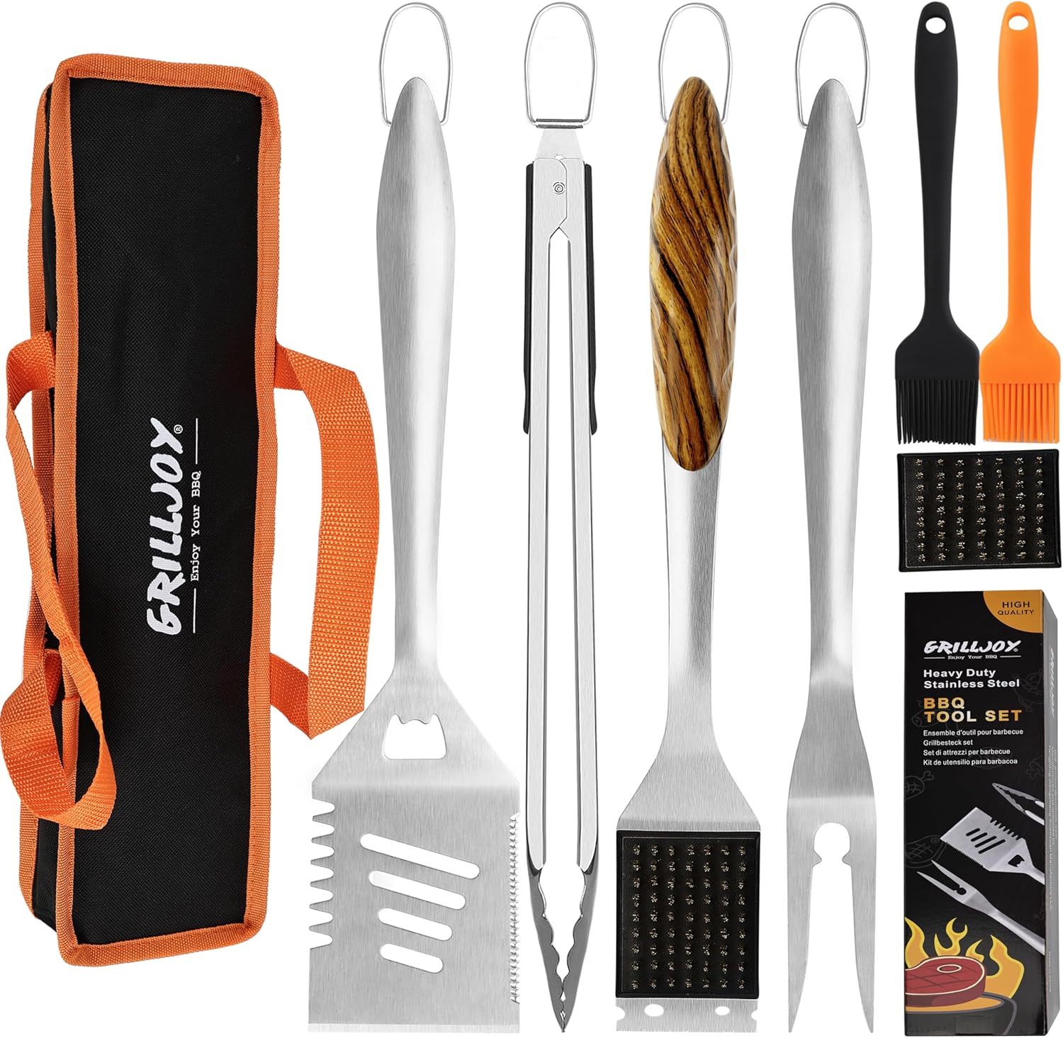 Grilljoy 8PCS Heavy Duty BBQ Grill Tools Set – Extra Thick Stainless Steel Spatula, Fork, Tongs, Grill Cleaning Brush & Portable Storage Bag – Complete Barbecue Accessories Kit for Men
