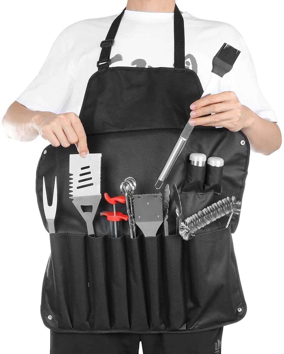 30-piece BBQ set, baking tool kit, stainless steel BBQ tools, apron gift set, BBQ tools with bag, outdoor cooking set, grilling gift set, baking utensils
