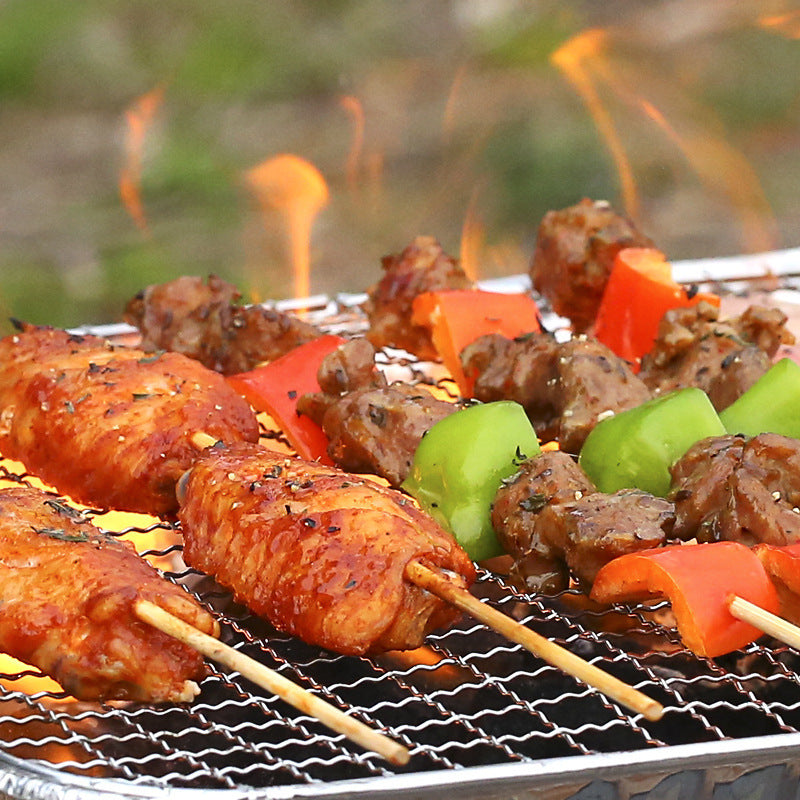 Portable BBQ Grill Set with Disposable Foil, Skewers & Charcoal for Outdoor Cooking