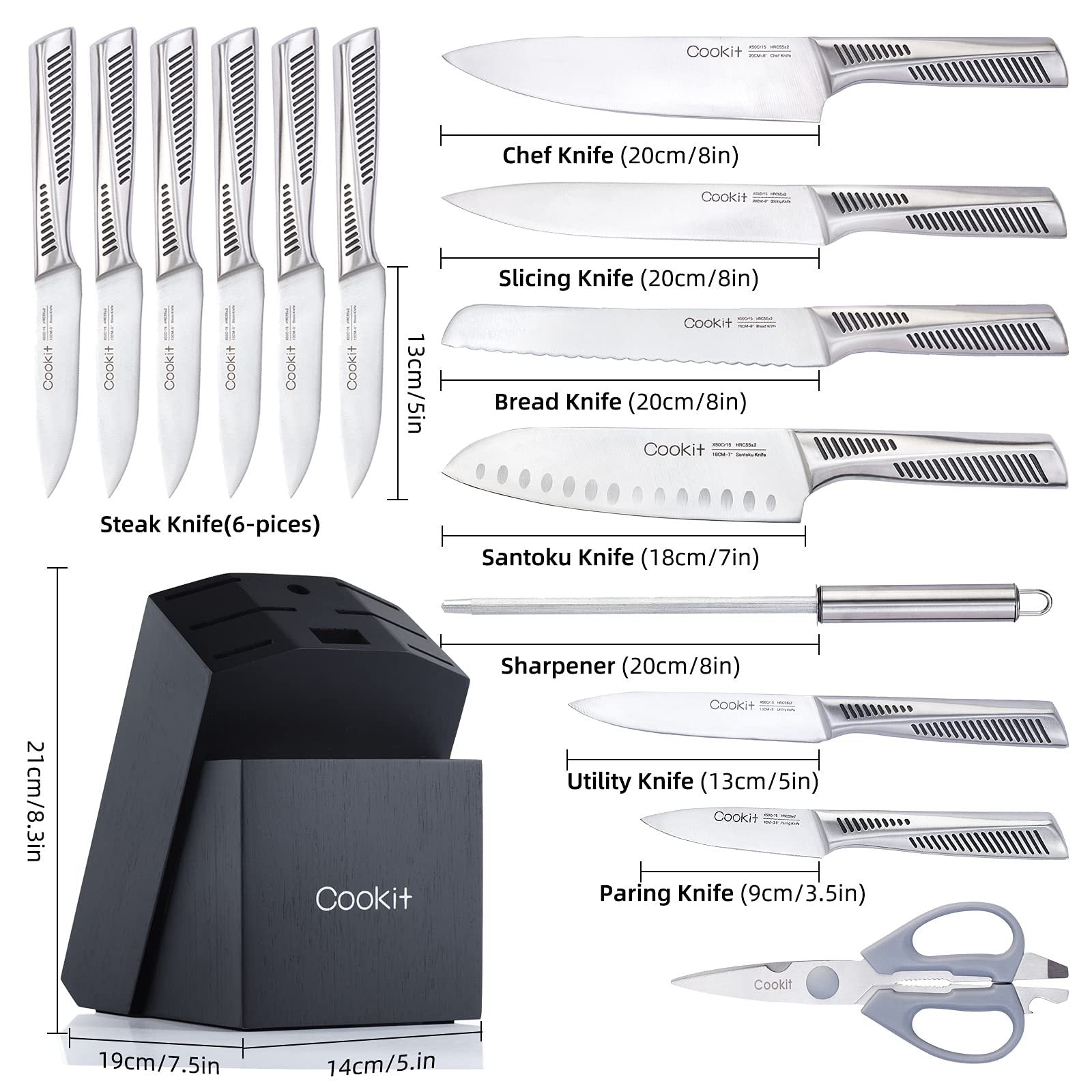 15-Piece Kitchen Knife Set with Wooden Block – German Stainless Steel Knives for Home & Professional Use
