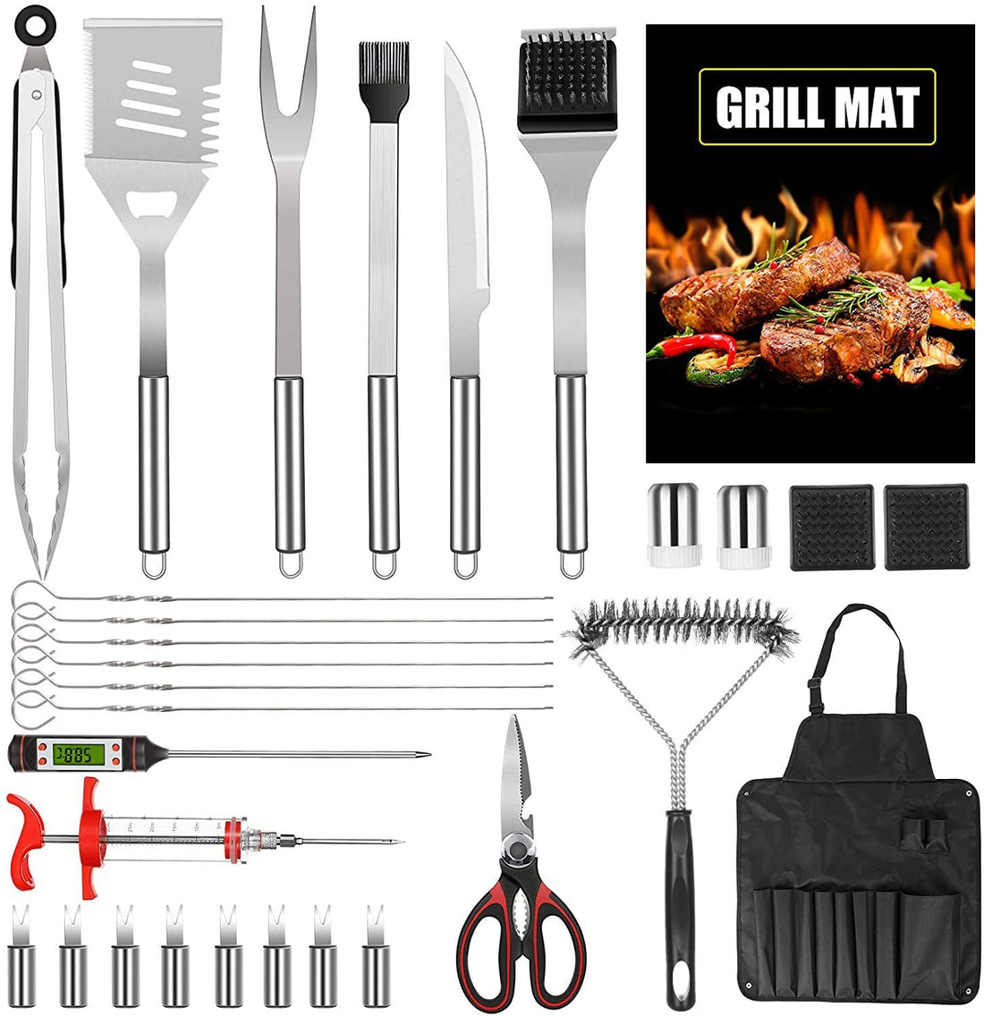 30-piece BBQ set, baking tool kit, stainless steel BBQ tools, apron gift set, BBQ tools with bag, outdoor cooking set, grilling gift set, baking utensils
