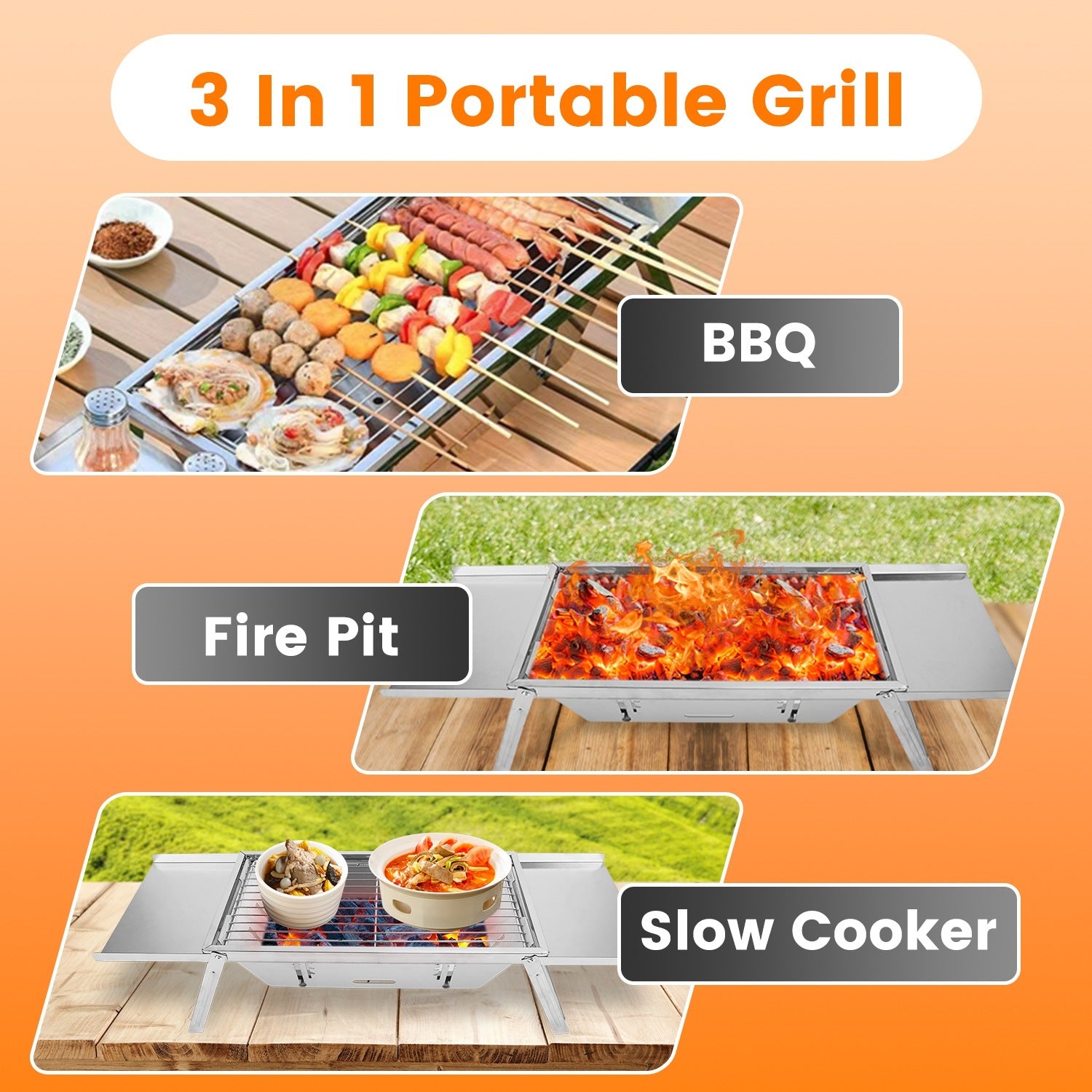 3 in 1 Foldable Charcoal Grill Fire Pit & Slow Cooker | Portable BBQ Grill for Camping & Tailgating - Stainless Steel, Compact & Heat-Resistant
