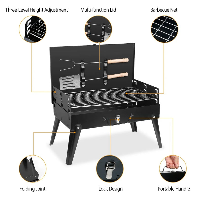 16.7x10x17.7in Foldable BBQ Suitcase Grill – Portable Charcoal Grill Shelf for Outdoor Camping, Picnics & Garden Grilling