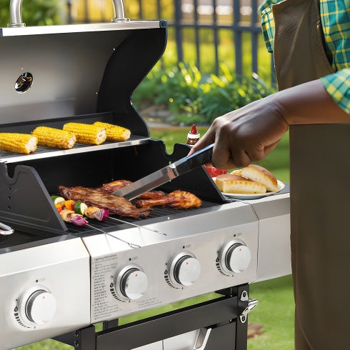 Outdoor 3-Burner Propane Gas Grill with Side Burner & Cover – Stainless Steel BBQ for Camping & Garden Cooking
